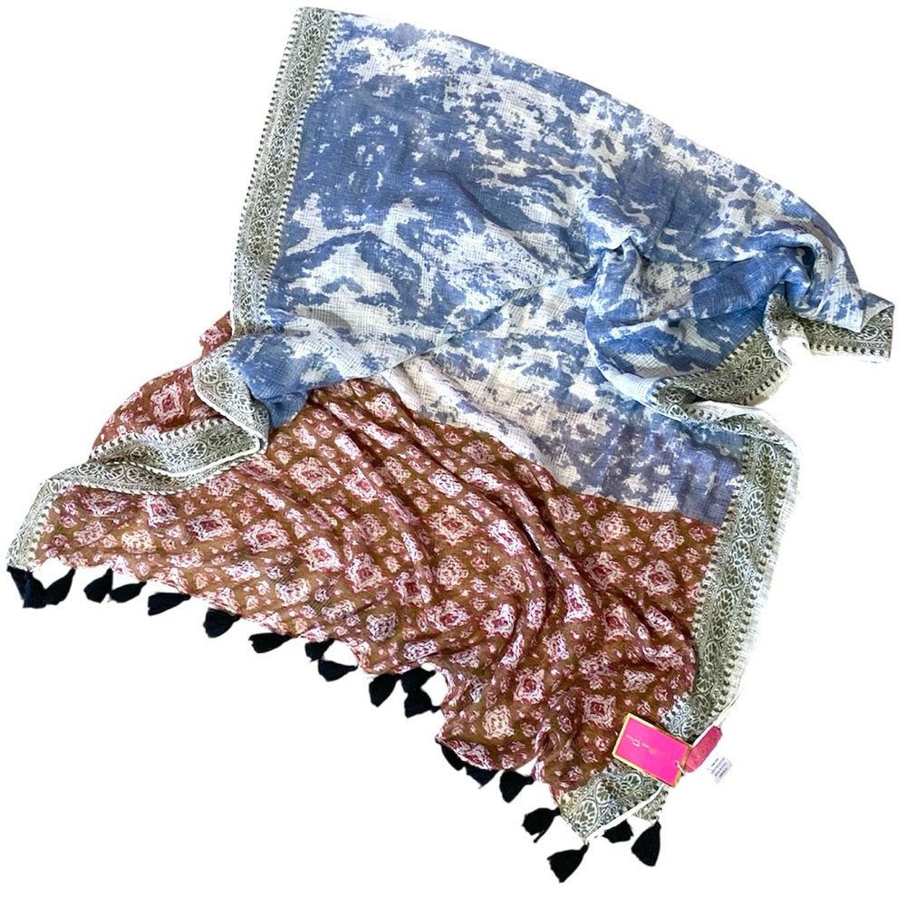 Lake Shore Boho Wrap Scarf Large Lightweight Tassels Layering Artsy Whimsical